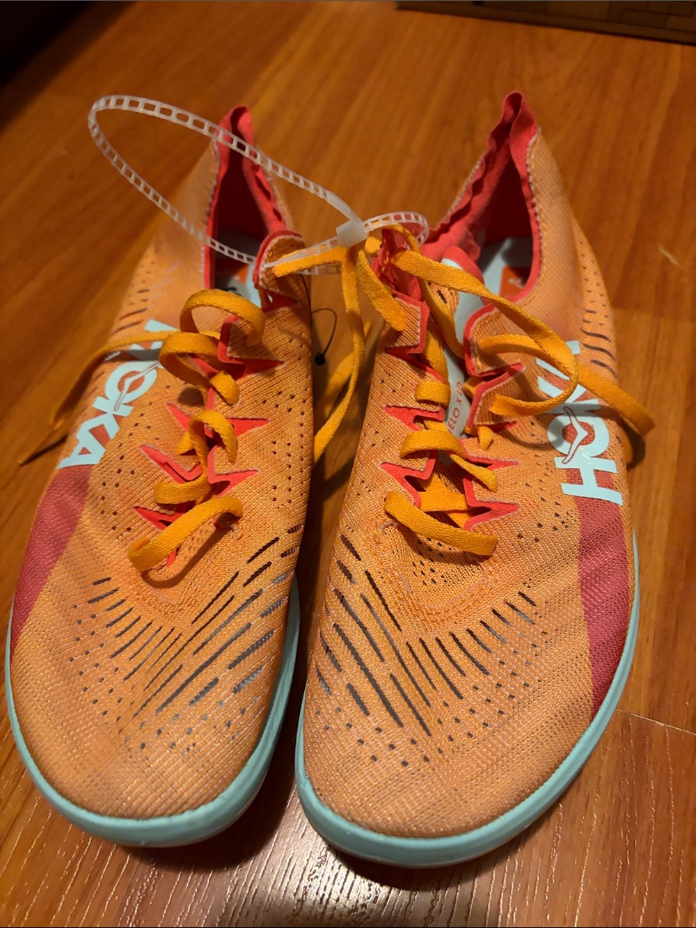 Hoka Orange with Coral & Light Blue Racing shoes